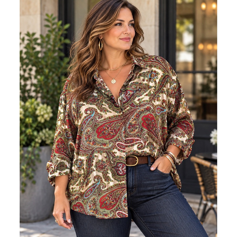 Talbots Woman 24W Pure Silk Paisley Blouse Multicolor Button Front Boho